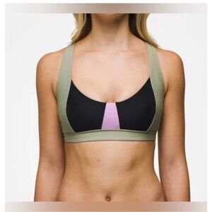 Prana Tulum Bikini Top Lace Up Removable Cups Green Pink Black Colorblock M